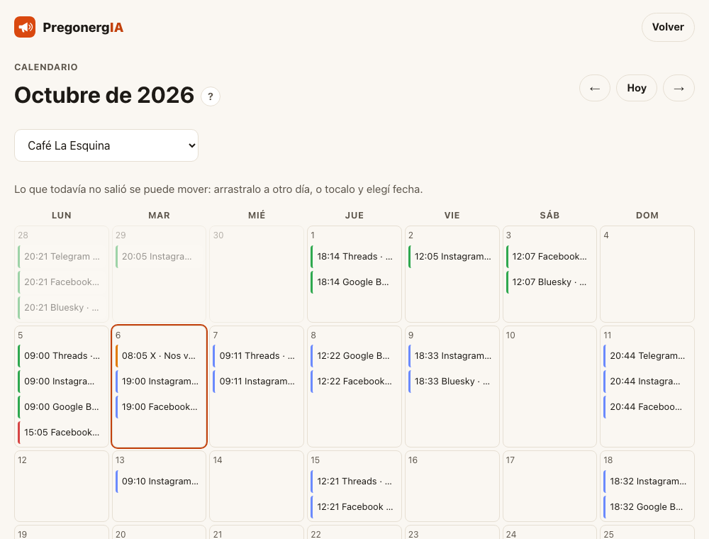 El calendario del mes con las publicaciones de cada marca y red