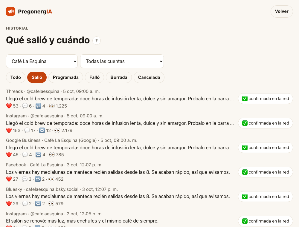El historial con el estado real de cada publicación y el enlace al post