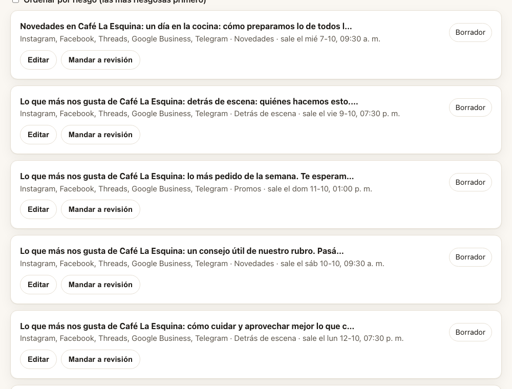 La propuesta de una semana de posts armada por la IA, lista para revisar y aprobar