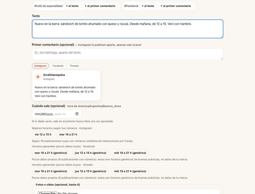 La vista previa del mismo post en tres redes, cada uno con su recorte y su formato